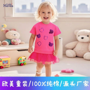 Cute Little Maven Girls Dress Summer Short Sleeve Mesh Skirt Cross-Border Childrens Clothing Cotton Lycra Blend Cartoon Pattern