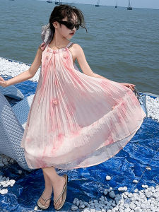 Summer Girls Dress Large Childrens Vacation French Style Long Skirt with Suspenders for Beach Sand Play Slip/Vest Skirt