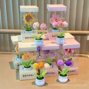 Handmade Crocheted Tulip Pot Finished Product Woolen Simulation Flower Sunflower Teachers Day Gift Box Creative Home Decor