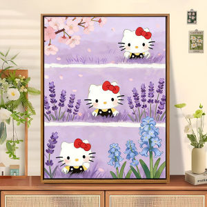Bandai | Cartoon Hello Kitty Floral Meadow Oil Painting Nature Landscape Wall Art Decor for Home Bedroom Living Room Aesthetic Unframed