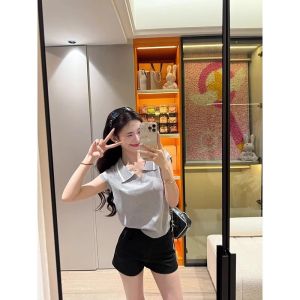 YUEZHONGWEI | French Collar Ice Silk Knitted Short Sleeve T-Shirt Women Summer New Style Slim Fit Short Length Polo Shirt Top Loose Style
