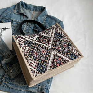 Large Capacity Commuter Tote Bag Womens Fashionable Canvas Handbag Student Class Single Shoulder Bag Geometric Pattern Nylon Lining