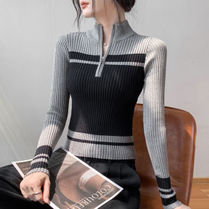 GEBEISHANG | Zip Half-Open Collar Color Block Design Slim-Fitting Long Sleeve Knit Sweater