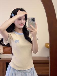 Embroidered Short Sleeve T-Shirt Womens Slim Fit round Neck Top Color Block Design Summer New Style Cute Style Cotton Blend