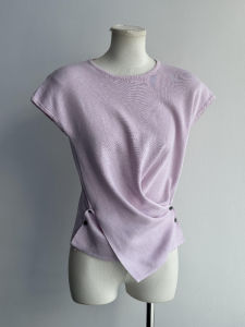 French Folded Waist Short Sleeve Knitted T-Shirt Womens Summer Slimming Elegant Design Casual Commute Style Pure Color