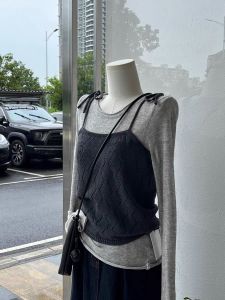 ชุดเสื้อยืดแขนยาวผู้หญิง ชุดสองชิ้น ทรงสลิมฟิต สีเทา คอกลม แฟชั่นฤดูใบไม้ผลิและฤดูใบไม้ร่วง ผ้าโพลีเอสเตอร์ 81% - 90%