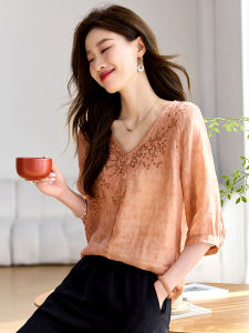 Womens Short Sleeve T-Shirt Cotton Linen Short Style New Summer Season V-Neck Loose Fit Thin Material Embroidered Plant Floral