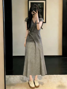 LIRUSHAN | Vintage Checkerboard V-Neck Long Dress