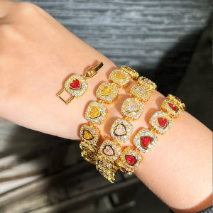 SEQUITO Luxury Women Gold Plaetd Bangle Jewelry Inlaid White Yellow Red Heart Shape Shiny AAA Cubic Zirconia Trendy Banquet Party Bracelet for Lady B174
