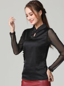 Spring Summer New Style Womens Long Sleeve Half High Collar Slim Fit Base Layer Shirt Vintage Cheongsam Top Trendy Mesh Shirt