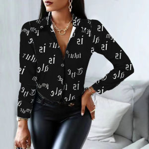 Womens Long Sleeve Polo Neck Printed Shirt Street Style Loose Fit Polyester Casual Fashion Spring Collection