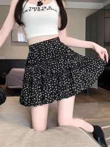 Váy Ngắn Chữ a Họa Tiết Hoa Cạp Cao Cho Nữ Váy Ngắn Phong Cách Ngọt Ngào Của Trường Đại Học Váy Ngắn Bằng Vải Polyester Màu Đen Váy Chữ a