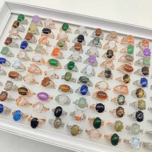 20/50pcs/Lot Wholesale Luxury Mix Style Natural Stone Finger Rings for Women Fashion Big Oval Agate Beauty Different Lines Gifts