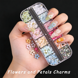 12Grids 3D Colorful Flower Petals Nail Charms Pearls Caviar Beads+Blossom Nail Art Decorations DIY Spring Manicure Accessories 2