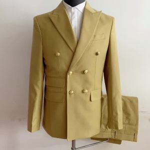 Fanlifujia Double Breasted Men Suit Pink Two Pieces Slim Fit 2024 Italian Wedding Costume Party Prom Gold Button Male Suit