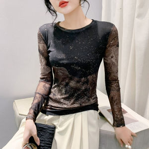 REHIN เสื้อยืดคอกลมพิมพ์ลายกราฟิกสีดำมัดย้อมผ้าตาข่ายแขนยาวเข้ารูปเข้ารูปสำหรับฤดูใบไม้ร่วง/ฤดูหนาวแฟชั่น S-4XL หรูหรา