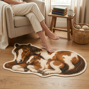 VIKAMA Cartoon Lying Pony Alien Pattern Rug Soft Flannel Non-slip Floor Mat Bedroom and Living Room Carpet Home Decoration