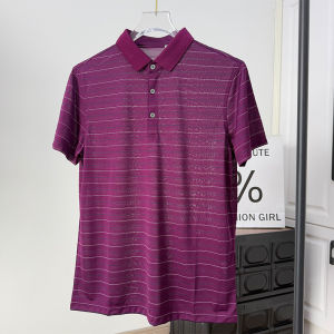 Fashionable Silk Polo Shirt for Men Short Sleeve Turn-down Collar Business Casual Striped T-shirt Summer Lightweight Standard Fit