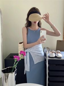 ชุดเดรสยาวคอวีแขนกุดทรงเข้ารูปสีน้ำเงินเซ็กซี่สำหรับผู้หญิงในฤดูร้อน ชุดคลุมไหล่แบบสวมหัว ชุดชั้นใน ชุดเดรสยาวคอวีแขนกุด