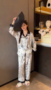 Baju tidur piyama wanita lengan panjang sutra es sleepwear wanita korea style