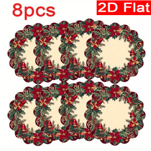 VIKAMA 8PC Christmas Placemat Holly Leaf Magenta Bell Pattern Home Dining Table Desktop Decoration And Accessories