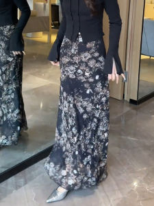 Summer New Fashion High Waist Floral A-Line Midi Skirt Womens Retro Draped Straight Print Long Skirts Women Polyester Fiber