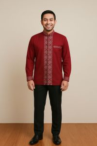 Gratis celana Setelan kemeja kombinasi songket pria dewasa Melayu look kurung Malaysia satin lamaran kerja kondangan wisuda