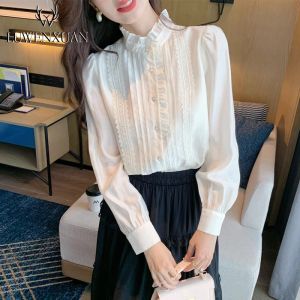 Elegant French Ruffle Collar Shirt Womens Luxury Base Layer Fashionable Autumn Wear 2025 New Style Long Sleeve Straight Cut