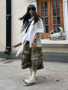 American High Street Camouflage Workwear Destroys Niche Design Straight Jean Cropped Pants Men and Women Versatile Shorts Summer