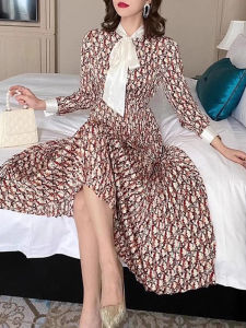 Elegant V-neck Long Sleeve Floral Print Dress Womens High Waist Slimming Design Mid-length Skirt QIUNINA Luxury Fashion