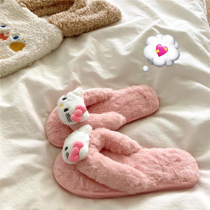 Sweet Heart KT Cat Indoor Home Slippers Womens Winter Warm Cotton Slip-On Crossbody Fur Slippers Low Heel Platform Shoes