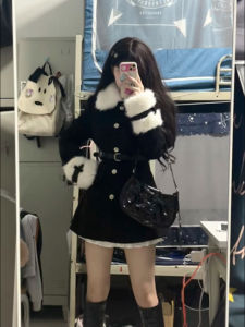 Dễ Thương Công Chúa Cay Đầm Nữ Mùa Thu Mùa Đông Cao Vòng Eo Chân Váy Chữ A Phong Cách Đi Học Len Áo Khoác Thanh Lịch Áo Choàng Công Chúa