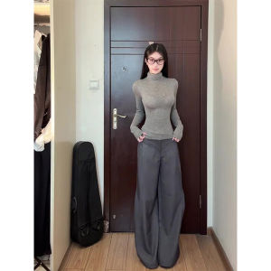 กางเกงขายาวทรงหลวมเอวสูงสีเทาสไตล์ย้อนยุคสำหรับผู้หญิง กางเกงขายาวทรงหลวมสบายๆ ฤดูใบไม้ผลิและฤดูใบไม้ร่วง