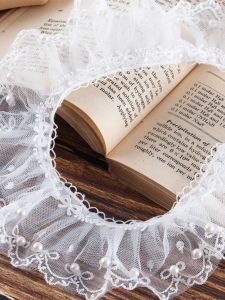 Phụ Kiện Thêu Viền Ren Viền Lưới Ren Cổ Tay Áo DIY Đôi Đính Ngọc Trai Gấp Xếp Viền Bèo Nhún Viền Ren Vải Thêu