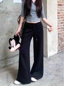 Quần Dài Ống Đứng Màu Xám Thể Thao Mỹ Cho Nữ Mùa Thu Cạp Thấp Rộng Rãi Thoải Mái Quần Dài Đi Bộ Đường Dài