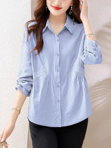 Shalldoer | เสื้อเชิ้ตคอโปโลลายทางสไตล์ฝรั่งเศสสำหรับผู้หญิง ทรงหลวม ทรงเข้ารูป ทรงไหล่ สวมใส่สบาย ฤดูใบไม้ผลิและฤดูใบไม้ร่วง