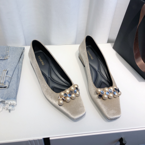 Elegant Pearl And Rhinestone Embellished Velvet Flat Bottom Single Shoes French Style Square Head Gentle Fairy Maids Shoes