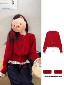 Red Knitted Sweater Womens Winter Sweet Style Design Edge Lace Belt Long Sleeve Base Shirt Top New Years Fashion Korean Loose Fit