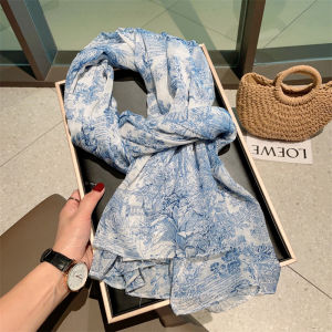 Exquisite Blue and White Forest Scarf Womens Spring and Summer Travel Sun Protection by the Sea Talma Autumn Thin Cotton and Linen Scarf Scarf