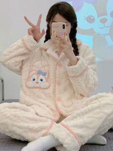 Lingna Belle Womens Sleepwear Coral Fleece Lined Thickened Home Clothes Set Adorable Internet Celebrity Style Long Pants