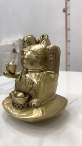 Tượng Mèo Thần Tài Cá Chép Bằng Đồng Kích Thước 14x11x15cm Nặng 14kg Có Đế Gỗ Đẹp Phong Thủy