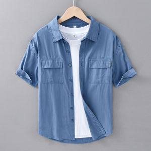 Japanese Style Mens Pure Cotton Short Sleeve Shirt Casual Loose Fit Summer Solid Color Commute Thin Half Sleeve Top