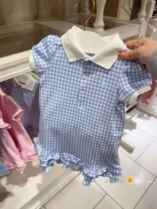 Princess Skirt with Polo Collar for Little Girls Spring Autumn Plaid Color Block Doll Collar Lace Hemline Korean Style Dress