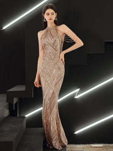 Zhu Sequin Banquet Long Halterneck Set Diamond Queen Fishtail Evening Dress KTV Car Model Catwalk Host Glade
