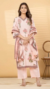 DEBAYU Readiprint Cotton Kurti with Bottom and Dupatta Set Embroidered Neckline Size M to L Malaysia