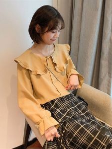 Pure Color Doll Collar Cotton Shirt for Women Wide Korean Style Long Sleeve Spring Autumn Sweet Blouse Fashionable and Elegant