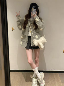HUAYILING | Korean Style Turn-Down Collar Gray Knit Cardigan Design Lazy Feel