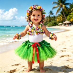 Little girls green floral Hawaiian tutu skirt set kids hula party midi skirt ballet princess tutu skirt Halloween  skirt