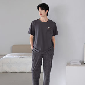 Miiow | Mens Summer Lightweight Short Sleeve Loose Fit Home Clothes Set Antibacterial Pants Cotton Blend Comfortable Sleepwear