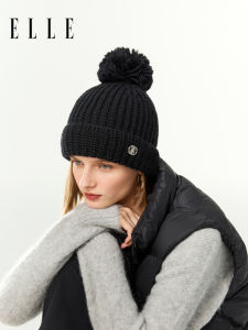 Elle Wool Knitted Hat Womens Autumn and Winter Outdoor Keep Warm Fashion Velvet Padded Thickened Woolen Hats with Woolen Balls Beanie Hat